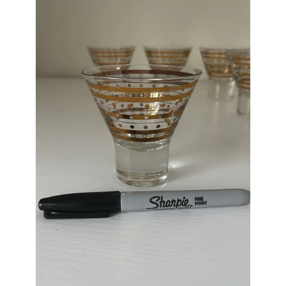5 Vintage MCM Art Deco Dessert Cocktail Martini Glasses Flared Gold Rim 1960s